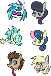 Size: 358x532 | Tagged: safe, artist:re_ghotion, bon bon, derpy hooves, dj pon-3, doctor whooves, lyra heartstrings, octavia melody, sweetie drops, time turner, vinyl scratch, earth pony, pegasus, pony, unicorn, g4, background six, chibi, female, hand, male, mare, muffin, simple background, sonic screwdriver, stallion, sweatdrop, transparent background, unamused