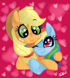 Size: 455x501 | Tagged: safe, artist:thepurplecranberry, applejack, rainbow dash, g4, female, heart, hug, lesbian, ship:appledash, shipping