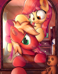 Size: 1100x1400 | Tagged: safe, artist:bobdude0, apple bloom, big macintosh, earth pony, pony, g4, accessory swap, ear fluff, male, mirror, stallion