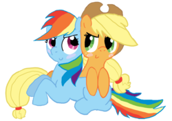 Size: 900x635 | Tagged: safe, artist:thepurplecranberry, applejack, rainbow dash, g4, blushing, female, lesbian, ship:appledash, shipping