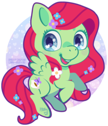 Size: 420x491 | Tagged: safe, artist:miss-glitter, oc, oc only, oc:rosalee, pegasus, pony, flower, flying, solo