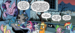 Size: 753x333 | Tagged: safe, idw, official comic, applejack, fluttershy, king sombra, pinkie pie, rainbow dash, rarity, spike, twilight sparkle, alicorn, pony, g4, reflections, spoiler:comic, spoiler:comic19, and then there's rarity, daddy sombra, evil counterpart, evil luna, fatherly, female, good king sombra, happy, in air, laughing, mane six, mare, mirror universe, rarity being rarity, skewed priorities, spread wings, toss, twilight sparkle (alicorn), whispering, wings