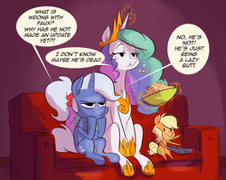 Size: 1280x1017 | Tagged: safe, artist:herny, applejack, princess celestia, trixie, alicorn, earth pony, pony, unicorn, g4, artist, couch, eating, female, magic, mare, meta, pearjack, ponytail, popcorn, smiling, trio, tumblr