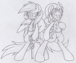 Size: 715x591 | Tagged: safe, artist:dfectivedvice, lightning dust, rainbow dash, g4, grayscale, lineart, monochrome, traditional art