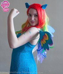 Size: 819x960 | Tagged: safe, artist:lochlan o'neil, rainbow dash, human, g4, cosplay, irl, irl human, photo, rainbow power, solo