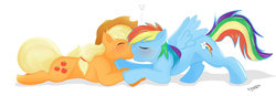 Size: 1519x526 | Tagged: safe, artist:tailung, applejack, rainbow dash, g4, blushing, female, heart, kissing, lesbian, ship:appledash, shipping