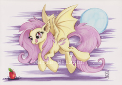 Size: 1500x1054 | Tagged: safe, artist:kattvalk, fluttershy, g4, apple, female, flutterbat, marker drawing, moon, solo, spread wings, tongue out, traditional art, watermark