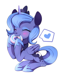 Size: 1081x1342 | Tagged: safe, artist:sion, princess luna, pony, cute, donut, eating, female, filly, heart, lunabetes, s1 luna, simple background, solo, teeth, woona