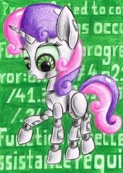 Size: 1632x2292 | Tagged: safe, artist:vickycupcake, sweetie belle, pony, robot, robot pony, unicorn, g4, blank flank, female, filly, foal, hooves, horn, open mouth, raised hoof, solo, species swap, sweetie bot, traditional art
