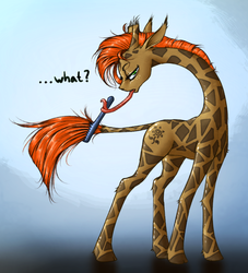 Size: 906x1000 | Tagged: safe, artist:madhotaru, oc, oc only, oc:twiggy, giraffe, brushing, brushing tail, comb, leg fluff, lidded eyes, long tongue, prehensile tongue, solo, standing, talking, talking to viewer, tongue hold, tongue holding, tongue out, turned head