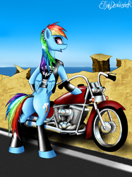 Size: 1280x1707 | Tagged: safe, artist:elijahdeathster, rainbow dash, g4, biker, chopper, female, leather vest, motorcycle, solo