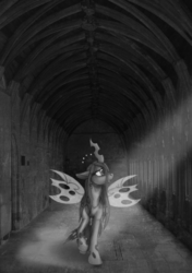 Size: 2768x3929 | Tagged: safe, artist:aisu-isme, queen chrysalis, changeling, changeling queen, g4, crown, female, grayscale, high res, jewelry, monochrome, regalia, sad, solo