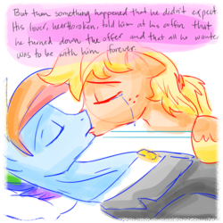Size: 700x700 | Tagged: safe, artist:sketchyjackie, applejack, rainbow dash, earth pony, pegasus, pony, g4, appleblitz - fable, applejack (male), crying, doodle, duo, fake death, gay, kiss on the lips, kissing, male, playing dead, rainbow blitz, rule 63, ship:appledash, ship:blitzjack, shipping, stallion