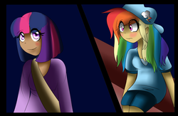 Size: 2300x1500 | Tagged: safe, artist:sunniedoodles, rainbow dash, twilight sparkle, human, g4, blushing, dark skin, female, humanized, lesbian, ship:twidash, shipping