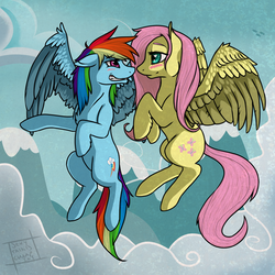 Size: 1024x1024 | Tagged: safe, artist:sexytalkischeap, fluttershy, rainbow dash, g4, blushing, female, flying, lesbian, ship:flutterdash, shipping