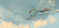 Size: 2000x949 | Tagged: safe, artist:moo, rainbow dash, g4, cloud, cloudy, eyes closed, female, flying, sky, solo, spread wings