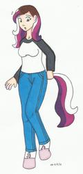 Size: 730x1518 | Tagged: safe, artist:cqmorrell, princess cadance, human, g4, clothes, denim, female, hooves, human to pony, jeans, long sleeved shirt, long sleeves, looking at self, mid-transformation, open mouth, pants, ripping clothes, shirt, signature, solo, surprised, tail, traditional art, transformation