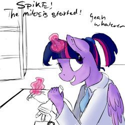 Size: 4000x4000 | Tagged: safe, artist:lisa400, twilight sparkle, anthro, g4, alternate hairstyle, clothes, female, lab coat, magic, microscope, parchment, ponytail, quilt, science, scientist, sketch, solo, twilight sparkle (alicorn)