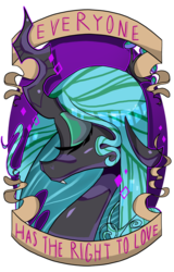 Size: 601x940 | Tagged: dead source, safe, artist:kaliptro, queen chrysalis, changeling, changeling queen, g4, eyes closed, female, irony, mouthpiece, old banner, positive ponies, profile, simple background, solo, subversive kawaii, transparent background