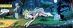 Size: 895x342 | Tagged: safe, artist:andypriceart, idw, discord, princess celestia, pony, g4, spoiler:comic, spoiler:comic19, bucking, female, happy, horses doing horse things, open mouth, panel, running, sillestia, silly, silly pony, smiling, solo, tongue out, wide eyes