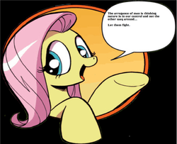 Size: 1644x1336 | Tagged: safe, idw, fluttershy, friendship is magic #3, g4, my little pony: friendship is magic (idw), bad advice fluttershy, exploitable meme, female, godzilla (series), godzilla 2014, ichiro serizawa, let them fight, meme, quote, solo