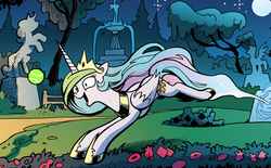 Size: 550x342 | Tagged: source needed, safe, edit, idw, official comic, princess celestia, pony, g4, spoiler:comic, spoiler:comic19, chase, eyes on the prize, female, fetch, happy, open mouth, playing, pronking, sillestia, silly, silly pony, smiling, solo, tennis ball, wide eyes