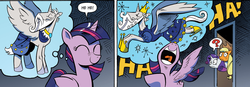 Size: 1040x362 | Tagged: safe, idw, official comic, applejack, rarity, star swirl the bearded, twilight sparkle, alicorn, pony, friendship is magic #19, g4, spoiler:comic, princess star swirl, reflections star swirl, star swirlicorn, twilight sparkle (alicorn)