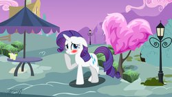 Size: 1024x576 | Tagged: safe, artist:maxressor, rarity, pony, unicorn, g4, blushing, crossed legs, drink, evening, female, fence, floppy ears, lamppost, lantern, mare, meeting, raised hoof, smiling, solo, tree