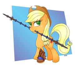 Size: 900x825 | Tagged: safe, artist:1rumi1, applejack, g4, crossover, female, gauntlet, jacques blanc, mouth hold, onimusha, solo, spear, weapon