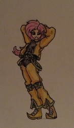 Size: 1081x1849 | Tagged: safe, artist:sensko, fluttershy, human, g4, abs, anime, bedroom eyes, dio brando, fangs, female, flutterbat, humanized, jojo's bizarre adventure, looking at you, smiling, solo, traditional art