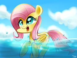 Size: 800x600 | Tagged: safe, artist:sion-ara, fluttershy, g4, female, happy, open mouth, solo, swimming, water