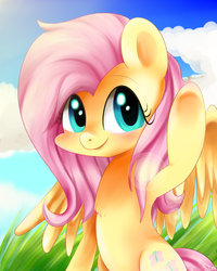 Size: 800x1000 | Tagged: safe, artist:sion-ara, fluttershy, g4, chest fluff, female, looking at you, raised hoof, smiling, solo