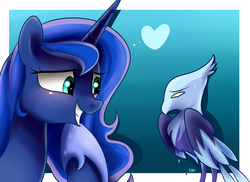 Size: 1100x800 | Tagged: safe, artist:sion-ara, princess luna, night phoenix, phoenix, pony, g4, blushing, embarrassed, grin, heart, pictogram, smiling, sweat, thought bubble