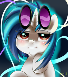 Size: 800x900 | Tagged: safe, artist:sion-ara, dj pon-3, vinyl scratch, pony, unicorn, g4, blushing, chest fluff, female, hooves, horn, mare, smiling, solo, sunglasses