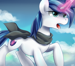 Size: 900x800 | Tagged: safe, artist:sion-ara, shining armor, g4, clothes, magic, male, open mouth, scarf, solo