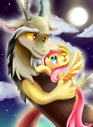 Size: 800x1100 | Tagged: safe, artist:sion-ara, discord, fluttershy, pony, g4, blushing, eye contact, female, full moon, holding a pony, looking at each other, looking at someone, male, moon, ship:discoshy, shipping, smiling, straight