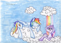 Size: 3495x2475 | Tagged: safe, artist:delapsus1992, rainbow dash, twilight sparkle, alicorn, pony, g4, cloud, cloudy, female, high res, lesbian, mare, ship:twidash, shipping, traditional art, twilight sparkle (alicorn)