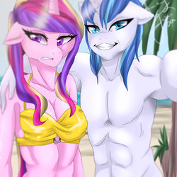 Size: 3000x3000 | Tagged: safe, artist:fur-what-loo, princess cadance, shining armor, anthro, g4, abs, armpits, clothes, duo, high res, selfie, topless