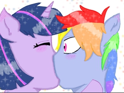 Size: 1024x768 | Tagged: safe, artist:neonlizx, rainbow dash, twilight sparkle, anthro, g4, ambiguous facial structure, blushing, duo, female, kiss on the lips, kissing, lesbian, ship:twidash, shipping