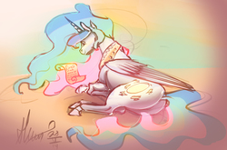 Size: 2420x1598 | Tagged: safe, artist:alumx, princess celestia, alicorn, pony, g4, 30 minute art challenge, butt, female, letter, mare, plot, prone, reading, solo