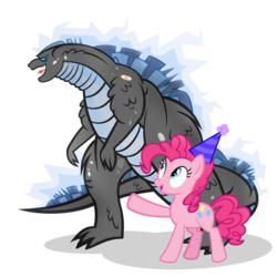 Size: 1200x1200 | Tagged: safe, artist:pixelkitties, pinkie pie, earth pony, kaiju, pony, g4, bandaid, crossover, godzilla, godzilla (series), godzilla 2014, hat, open mouth, party hat, pointing, simple background, smiling, transparent background, wide eyes