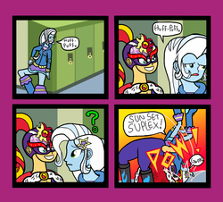 Size: 1338x1208 | Tagged: safe, artist:oneovertwo, sunset shimmer, trixie, comic:trixie enemy of, comic:trixie enemy of a rare situation, equestria girls, g4, comic, knockout, lucha libre, luchador, masked shimmer, suplex