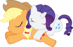 Size: 6906x4500 | Tagged: safe, artist:fehlung, applejack, rarity, earth pony, pony, unicorn, g4, absurd resolution, blushing, female, horn, lesbian, mare, ship:rarijack, shipping, simple background, snuggling, transparent background