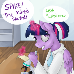 Size: 4000x4000 | Tagged: safe, artist:lisa400, twilight sparkle, anthro, g4, alternate hairstyle, clothes, female, lab coat, magic, microscope, parchment, ponytail, quill, science, scientist, solo, twilight sparkle (alicorn)