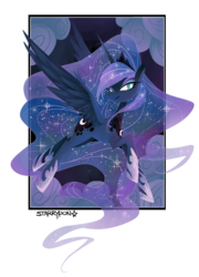 Size: 700x972 | Tagged: safe, artist:starrypon, princess luna, alicorn, pony, g4, cloud, cute, ethereal mane, female, flying, lunabetes, mare, out of frame, smiling, solo, starry mane