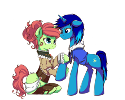 Size: 900x719 | Tagged: safe, artist:meowbox3, oc, oc only, oc:light shine, oc:spring, pony, unicorn, adoptable, clothes, commission, female, friends, hoodie, jacket, male, mare, stallion, steampunk
