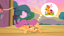 Size: 1280x720 | Tagged: safe, edit, screencap, scootaloo, scootaloo (g3), butterfly, flight to the finish, g3, g4, butterfly net, thought bubble