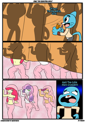 Size: 1211x1740 | Tagged: safe, artist:otakon, apple bloom, scootaloo, sweetie belle, equestria girls, g4, bandeau, belly button, belly dancer, clean, comic, crossover, gumball watterson, midriff, the amazing world of gumball