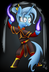 Size: 1000x1471 | Tagged: safe, artist:subjectbubblegum, trixie, pony, g4, avatar the last airbender, azula, bipedal, clothes, female, fire, grin, magic, parody, pyromancy, solo