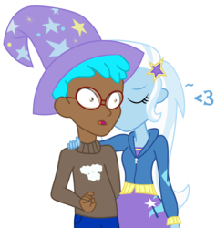 Size: 4240x4472 | Tagged: safe, artist:pinkiespartygirl, trixie, oc, oc:cloud tumble, human, equestria girls, g4, absurd resolution, canon x oc, duo, heart, humanized, kissing, trixie's hat, trixietumble